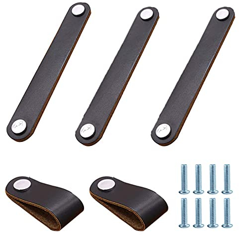 Brateuanoii 5 Stück Möbelgriff Leder, Handgemachte Griff Möbelknöpfe Leder, Vintage Möbelgriffe Ledergriff Schrankgriffe, Schwarz Möbelgriffe Leder, Schrankgriffe Mit Schrauben(2 Einzelloch, 3 128mm)