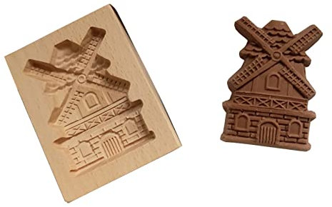 Weihnachts-Plätzchenform aus Holz, 3D-Weihnachtsmann-/Schneemann-/Rosenform, Ausstechformen, Backzubehör (Windmühle, Holzfarben, 10 x 9 x 2 cm)