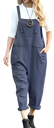 YESNO Women's Dungarees Loose Casual Plus Size Lightweight Sleeveless Overall Long Jumpsuit Playsuit Trousers Pants Dungarees (L PV9UK Blue Gray)