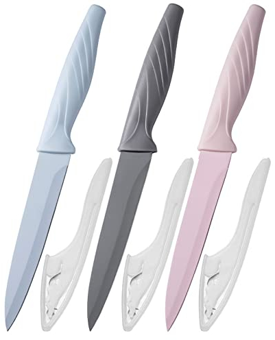 Kocpudu Fruit Knife, 3 Sharp and Durable Fruit Knife Set, Exquisite and Beautiful, with Scabbard, Fruit Knives Small is Suitable for Most Vegetables, Fruits and Meat (Pink, Blue, Grey)