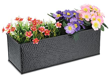 Relaxdays Macetero Vintage Martillado – Color: Negro Jardinera de Interior, Caja Macetas, Flores y Hierbas, Rectangular, Metálica, 14x40x15 cm, Decorativa, Hierro