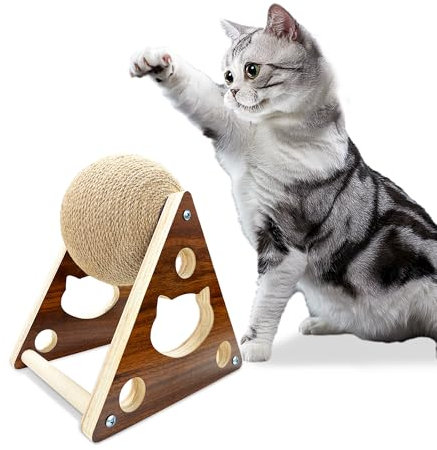 Giocattolo per tiragraffi per gatti, in sisal naturale, con palla per gatti, gattini, cani e cuccioli, giocattolo interattivo in legno massiccio