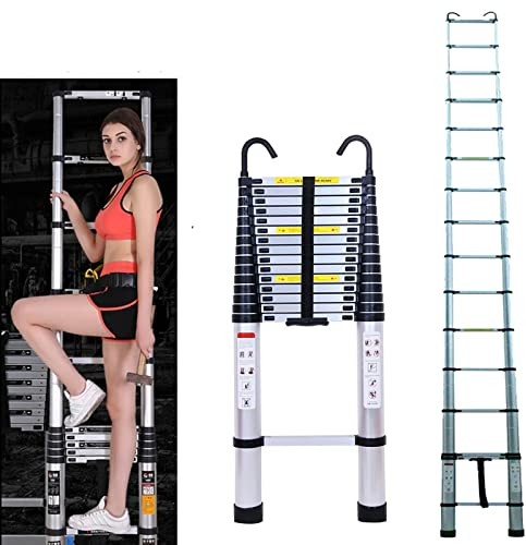Teleskopleiter Klappleiter Ausziehleiter mit 2 Haken, Schiebeleiter 6,0m Leichte Leiter Ausziehbar, Tragbare Mehrzweck Dachbodenleiter, 150kg Tragkraft -Silber