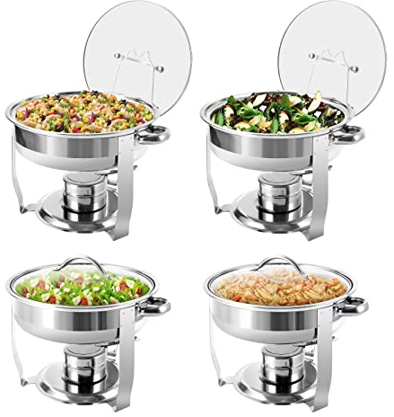 BriSunshine 4 Packs 3 QT Round Chafing Dish Buffet Set, Stainless Steel Chafing Dishes with Glass Lid & Holder, Food Warmer for Parties Weddings Banquets Events