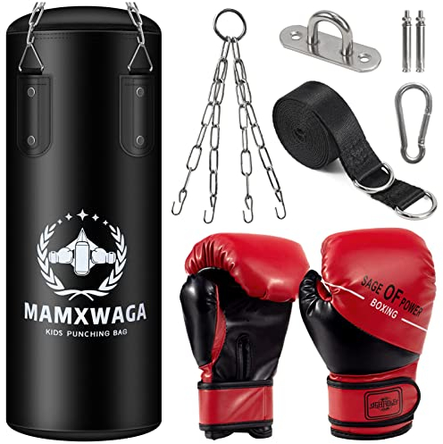 Mamxwaga Hängend Boxsack Set für Kinder und Jugendliche 2FT PU Boxsack Ungefüllt mit 6OZ Boxhandschuhen und Edelstahl Aufhänger Punchingsack für 3-12 Jahre