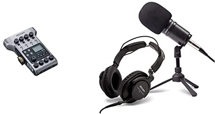 Zoom P4 PodTrack – Audio-Schnittstelle und tragbarer Recorder für Podcast & ZDM-1PMP Podcast Kit mit Mikrofon/Kabel/Headset/Stativ