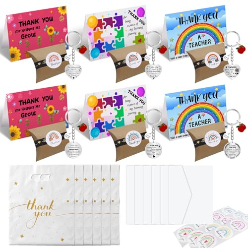PopManko Teacher Gifts Keyring, 6Pcs Thank You Teacher Gifts, School Appreciation Leaving Gift for TA, Nursery, Best Teachers Gift for Women Men Christmas with Thank You Cards Presents
