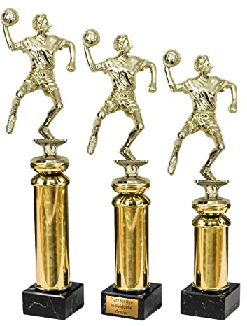 eberin · Handball Pokal mit Gravur/Wunschtext · Handballturnier Cup · Gold Handballer mit Ball auf Goldsäule/Marmor · Pokal in 3 Größen erhältlich · (28,9 cm)