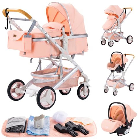 YAZOCO Passeggino Trio, 3 in 1 Carrozzina Multifunzionale Carrozzina Ovetto Pieghevole Set Passeggino Neonato Sedili Parapiedi Zanzariere Vista Dall'Alto (Rosa)