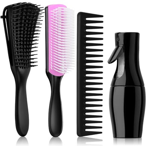 Hommtina Set di spazzole districanti con flacone spray per capelli, spazzole per capelli per donne e bambini, capelli ricci (3 pezzi, nero + viola)