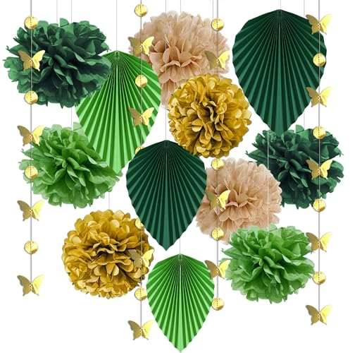 Syoulin dschungel gartenparty deko draußen,girlande grün goldene,pompons party deko,schmetterlinge,lampions hochzeitsdeko,blätter girlande,hat einen natürlichen und rustikalen,lebendigen Charme 14er