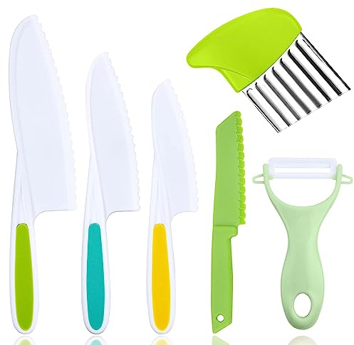 WOODFIB 6PCS Kitchen Safety Knives for Kids, Reusabl Children's Cooking Knives in 4 Sizes, Plastic Paring Knife and Potato Slicer for Vegetables, Fruits, Salad, Cake (Green)