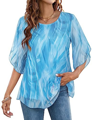 Timuspo Tunica da donna in chiffon, casual, con collo rotondo, taglie grandi, a mezza maniche corte, vestibilità ampia, Blu, S