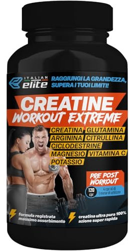 Italian Elite® Creatine Extreme, Creatina con Glutammina, Arginina, Citrullina, Vit C Magnesio, Potassio, Ciclodestrine. Pre Post Workout 120cp Monoidrata Micronizzata a Rapido Assorbimento Muscolare