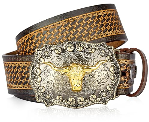 BISON DENIM Herren-Western-Cowboy-Gürtel – Langhorn-Kuh-Muster, Schnalle mit bedruckter gravierter Schnalle, verstellbarer Riemen, Nk1814g+ds052-1zm-brown, 45-47