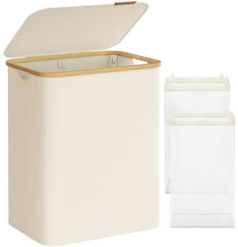 SONGMICS Pfandflaschen Sammelbehälter,Wäschekorb mit Deckel, Wäschesammler mit 2 Fächer, 130 L, herausnehmbarer Wäschesack, Griffe aus Bambus, 52 x 38,5 x 70,5 cm, cremeweiß LCB513W01