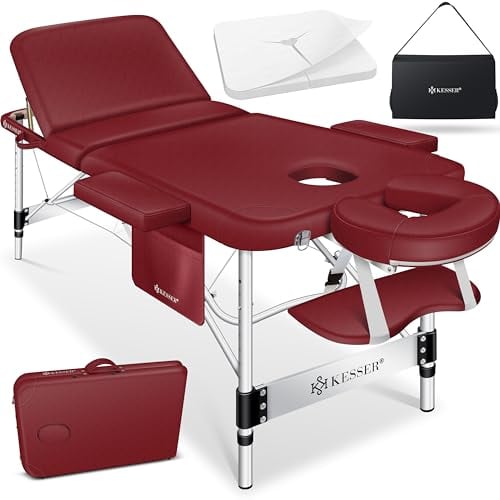 KESSER® Mobile Massageliege klappbar & höhenverstellbar 3 Zonen Massagebett Massagetisch Kosmetikliege Breit Therapieliege Aluminium + 10x Gesichtsauflage mit Kopfstütze Armlehnen & Tasche Bordeaux