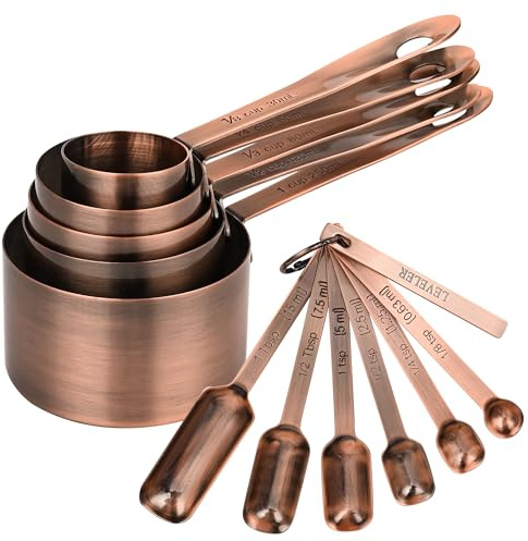 Nstezrne Juego de tazas y cucharas medidoras de cobre, juego de 12 tazas y cucharas medidoras de acero inoxidable, juego de tazas medidoras de metal, 5 tazas medidoras de cobre y 6 cucharas medidoras