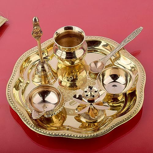 SATVIK Brass Pooja Thali Set (7 Piece) – Om Laxmi Ganesh Design Puja Set with Thali, Ghanti, Bowl, Agarbatti Holder, Kalash, Panchmukhi Diya & Spoon – Round Thali 20.32 cm