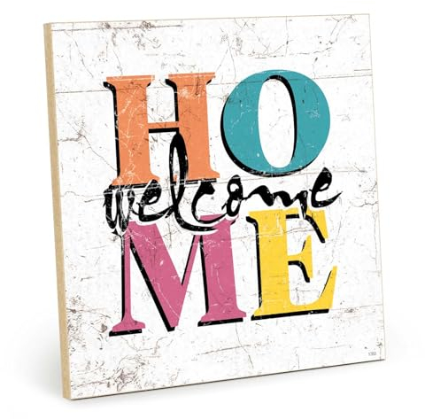 TypeStoff Holzschild mit Spruch – welcome home – im Vintage-Look mit Zitat als Geschenk und Dekoration zum Thema Willkommen und Zuhause - HS-01355