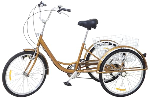 MIIWWOWO Dreirad für Erwachsene 24 Zoll Dreirad Erwachsene Dreirad Fahrrad 6 Gang Fahrrad Dreiräder mit Licht & Korb, Tricycle Adult 3 Rad Fahrrad für Erwachsene Senioren (Gold)