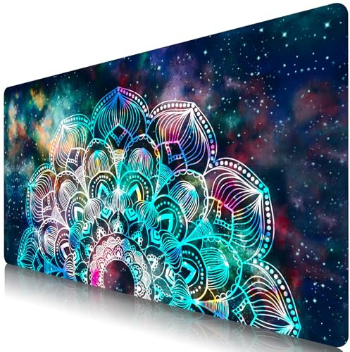 BOLELAW XXXL Mauspad 1200x600 mm Gaming Mauspad mit Genähten Kanten rutschfest Wasserdicht Gummibasis Gemalt Muster Dekorative Mauspad für PC Büro Laptop Gaming Computer, Buntes Mandala