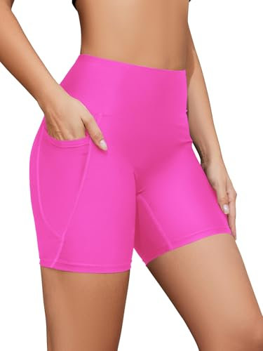 SHEKINI Short de bain pour femme - Taille haute - Séchage rapide - Sporty - Legging court - Bas de bikini - Short de bain - Pantalon de plage, Rose fluorescent, S