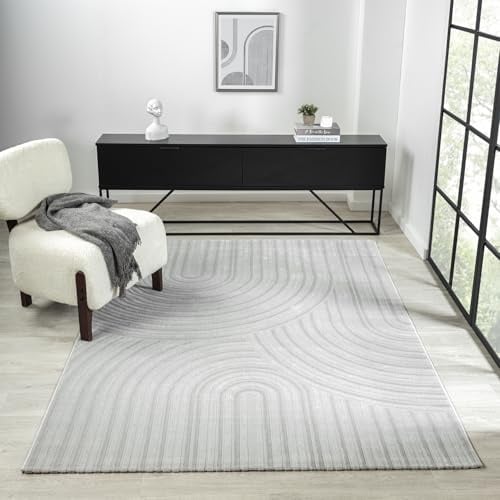 VIMODA Teppich Wohnzimmer Kurzflor Schlafzimmer Wellen Hochtief-Muster/Boho Sakndi,Maße:200x290 cm;Farbe:L.Grey