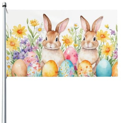 150 x 90 cm (5 x 3 Fuß), niedliche Osterhase, Eier, Frühlingsblumen-Flagge für Haus, Rasen, hängende Dekoration, Hofbanner, Urlaub, Willkommensflaggen mit 2 Metallösen, für drinnen und draußen