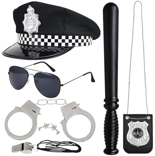 Dhqkqg Polizei KostüM Zubehör, 6 StüCk Polizei Zubehör Set mit Polizeimarke, Polizei KostüM Set, mit PolizeimüTze Walkie Talkies Handschellen Abzeichen Baton Pfeife für Cosplay Polizei KostüM Kinder