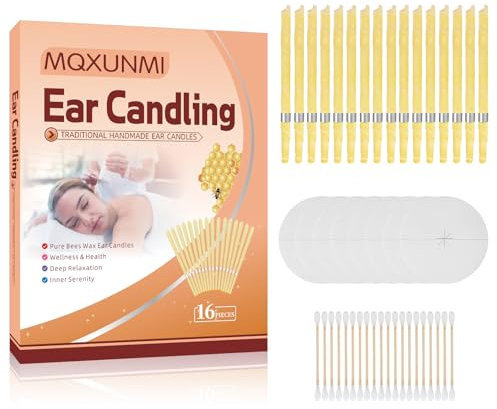 MQXUNMI 16 Pièces Naturelle Bougies d’Oreilles avec, Organique Naturelle Bougies Pour Ies Oreilles Nettoyer le cérumen, avec 8 Disques de Protection de, 20 Pièces Cotons Tiges