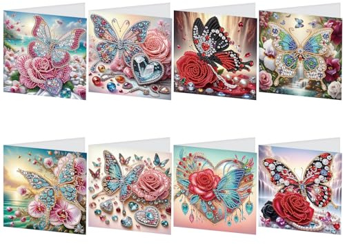 SHEGZHUC 8er Set Diamond Painting Grußkarten Set Schmetterling Rose Diamond Painting Karten Geburtstagskarte Dankeskarte Segensgrußkarte Feiertagskarten Stickerei Kreuzstich Diamant Malerei Geschenk