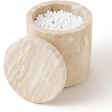 WORHE Q-Tip Marmor Kanister, natürlichen Marmor Wattestäbchen Halter mit Deckel große Kapazität Cotton Ball Aufbewahrungsboxr für Wattestäbchen, Wattebausch, Make-up Pad, Naturmarmor weiß (DE WH050)