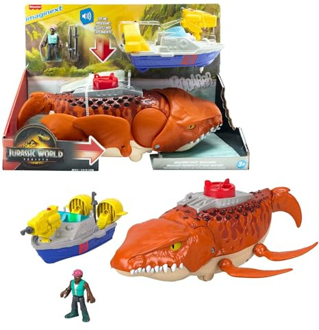 Imaginext Jurassic World Rebirth Aquachomp Chase Mosasaurus | 18-inch Chomping Jaw Dinosaur Toy with 3-inch Action Figure, Launcher Boat & 2 Projectiles, JFR23