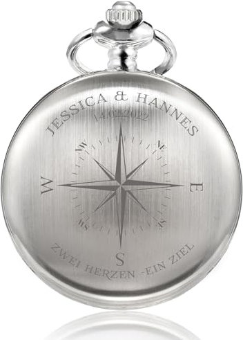 TREEWETO Taschenuhr mit Gravur, Personalisiertes Hochzeitsgeschenk, Geschenk für Paare mit Kompass, Personalisiert mit Namen und Datum Silber