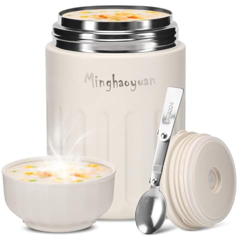 minghaoyuan Récipient isotherme pour aliments - 600 ml - En acier inoxydable - Avec cuillère - 100 % étanche - Pour garder au chaud - Mueslicup ou pour bébé - Blanc