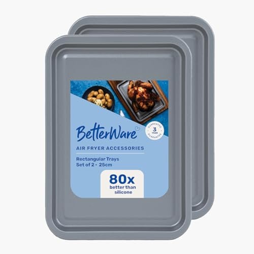 BetterWare Air Fryer Accessories Set of 2 x 25cm Rectangular Trays | Non-Stick Low Carbon Steel | Dishwasher & Freezer Safe | Compatible with Most Air Fryers | Ideal for Cooking, Roasting & Baking