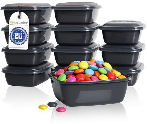 idea-station Gefrierdosen 320ml mit Deckel - 12 Stück - anthrazit | Deckel + BPA-frei + Stapelbar - kleine, flache Frischhalte-Dosen zum Einfrieren - eckiges Gefrier-Behälter Set aus Plastik