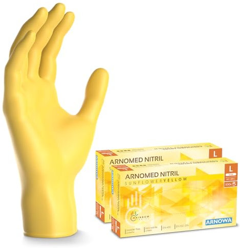 400x ARNOMED Einweghandschuhe Gelb (4x100 Stück), Einmalhandschuhe L, Nitril Handschuhe Einweg, Nitrilhandschuhe puderfrei, Gummihandschuhe Einweg, Schutzhandschuhe, Handschuhe Nitril in XS, S, M, L