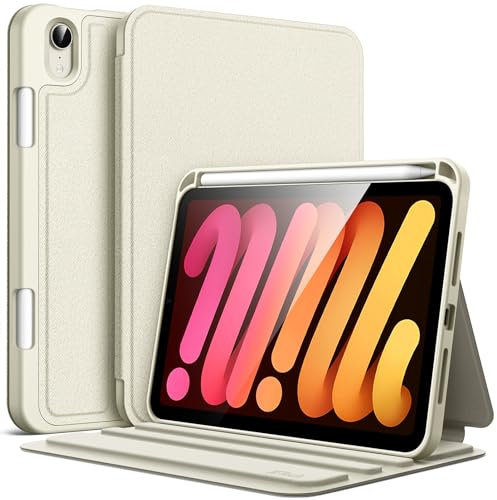 JETech Funda para iPad Mini (A17 Pro, 2024 Modelo, 7.ª) / Mini 6 (2021 Modelo, 6.ª) con Soporte para Pencil, Carcasa Slim Folio Soporte Protectora, Visualización Multiángulo (Blanco Estrella)