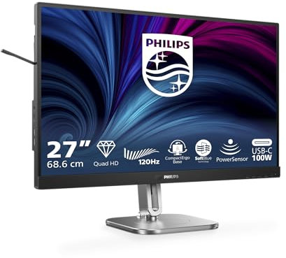 Philips 27B2U4601 - Moniteur Quad HD 27 Pouces, réglable en Hauteur sur 150 mm, Haut-parleurs (2560 x 1440, 120 Hz, 1 x HDMI 2.0, 1 x DP 1.2, 1 x Sortie DP, 1 x USB-C (96 W PD), hub USB, RJ45) Noir