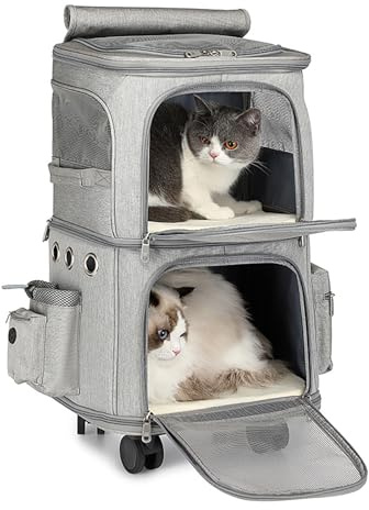 Extra großer Haustier-Rucksack mit zwei Fächern für 2 Katzen, große Kapazität, belüftet, mit abnehmbaren Rädern und Teleskopgriff, geeignet für kleine und mittelgroße Hunde und Katzen (Grau)