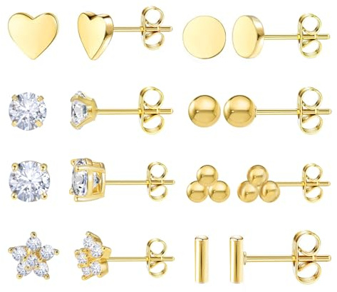 Ohrstecker Gold Silber für Damen Mädchen Titan Hypoallergene Ohrringe Set | Medizinische Ohrstecker for Helix Tragus Knorpel Piercing Ohr Klein Zirkonia Blumen Herz Ball Ohrringe für Empfindliche Ohren