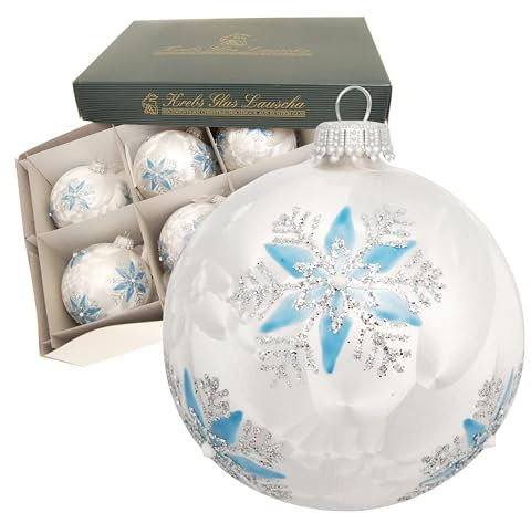 Krebs Glas Lauscha - Weihnachtsdekoration/Christbaumschmuck aus Glas - Weihnachtskugeln - Motiv: Silber/Blau mit Eisblume - Größe: 6 mal 8cm
