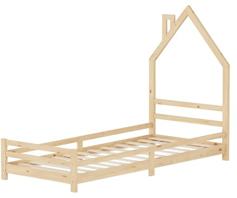 ML-Design Cama Infantil con Forma de Casita 90 x 200 cm de Madera de Pino Color Natural, Cuna Individual para Niño con Somier de Láminas y Diseño Casa con Chimenea, Litera Maciza Juvenil de Juego