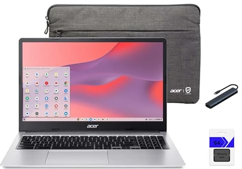 Acer Chromebook 315 Laptop, 15.6 FHD IPS Display, Intel Celeron N4500 Processor, 4GB RAM, 64GB eMMC + 64GB Memory Card, Pure Silver, Chrome OS, Wi-Fi 6, Protective Sleeve Included with HEXAccessories