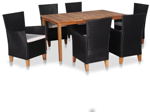 QJBSAVVA 7-TLG. Gartenmöbel-Set 150x90 cm Akazienholz & PE-Rattan in Schwarz/Braun, robuste Gartentisch-Gruppe mit 6 Stühlen und Sitzkissen für Balkon Terrasse und Camping