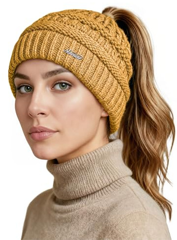Neverless® Damen Strickmütze Mütze Zopfloch Grobstrick Ungefüttert Wintermütze Langhaar Frauen
