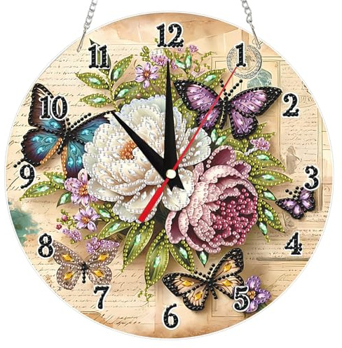 Demiawaking DIY Diamond Painting Wanduhr mit Kette, 5D Diamant Painting Uhr Wanddeko Wand Deko, DIY Bastel Geschenk Malen nach Zahlen für Erwachsene und Anfänger (T)