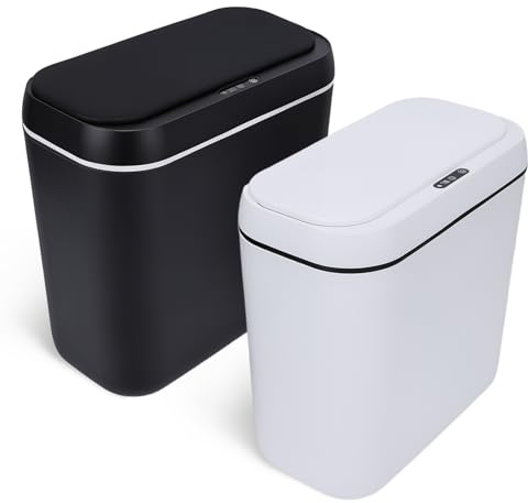 2 Papelera Baño,15 L Cubo Basura Automatico con Sensor de movimiento | Papelera Negra Blanco con Tapa ,a Prueba de Agua IPX5 para Cocina, Oficina, Sala de Estar